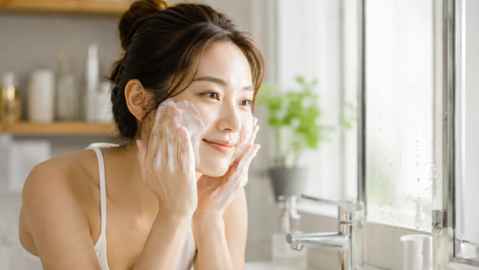 泡立てた洗浄料でやさしく顔を洗う様子