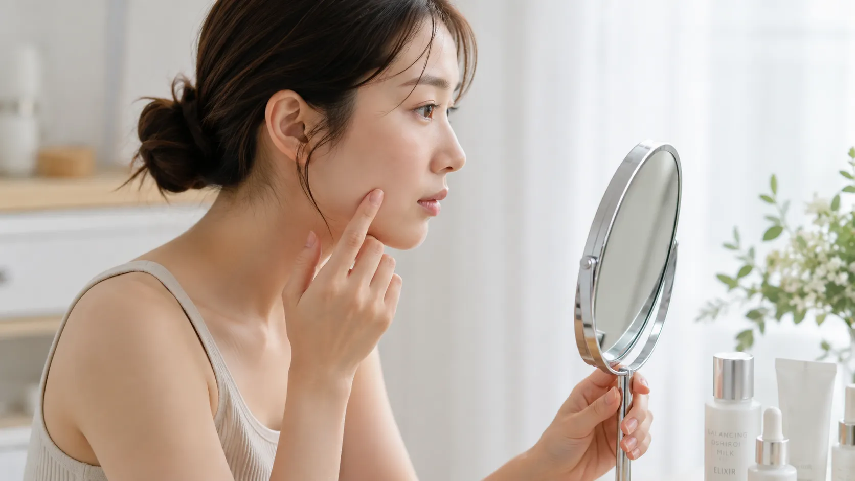 洗面所で顔にスチームを当てるイメージ