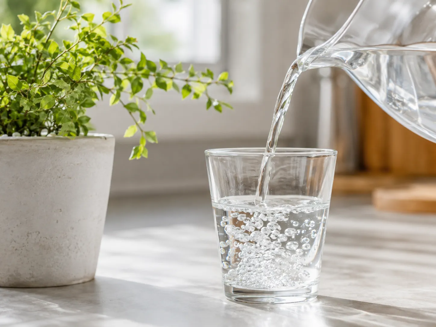 グラスに水を注いで水分補給する様子