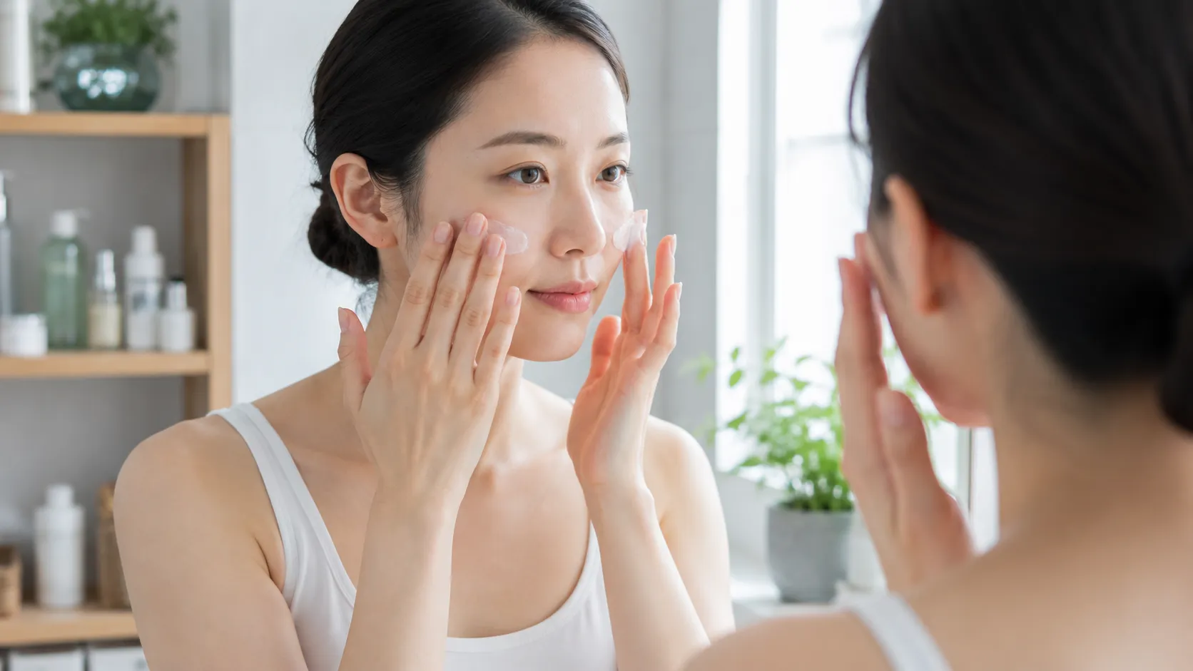 両頬に均等に保湿クリームを塗布する様子
