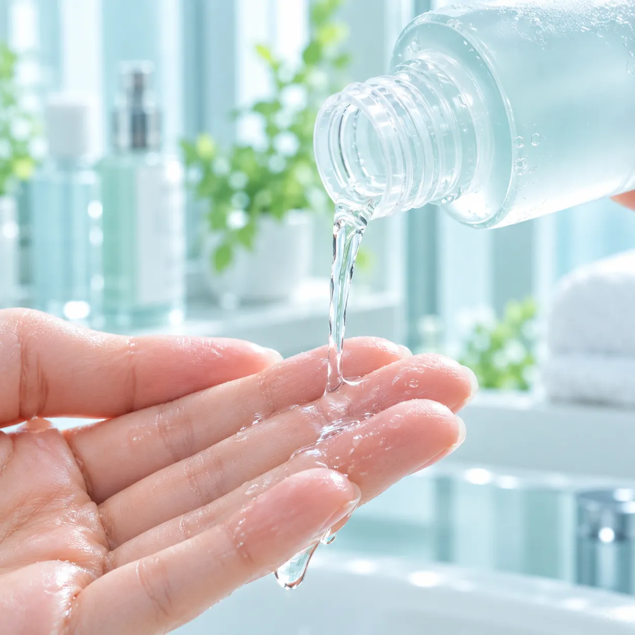 化粧水を手のひらに注ぐ様子