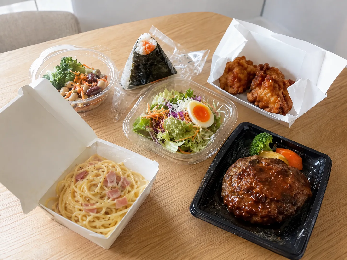 パスタ・唐揚げ・おにぎり・サラダ・ハンバーグなど、複数の宅配弁当容器が木製テーブルに並んでいる写真