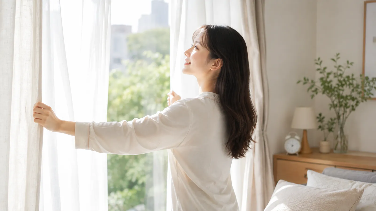 朝の寝室でカーテンを開けて日差しを浴びる女性、生活習慣を見直すイメージ