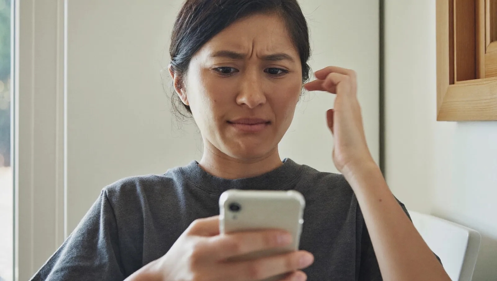 スマートフォンを見ながら心配そうな表情を浮かべ、肌の悩みについて調べる女性