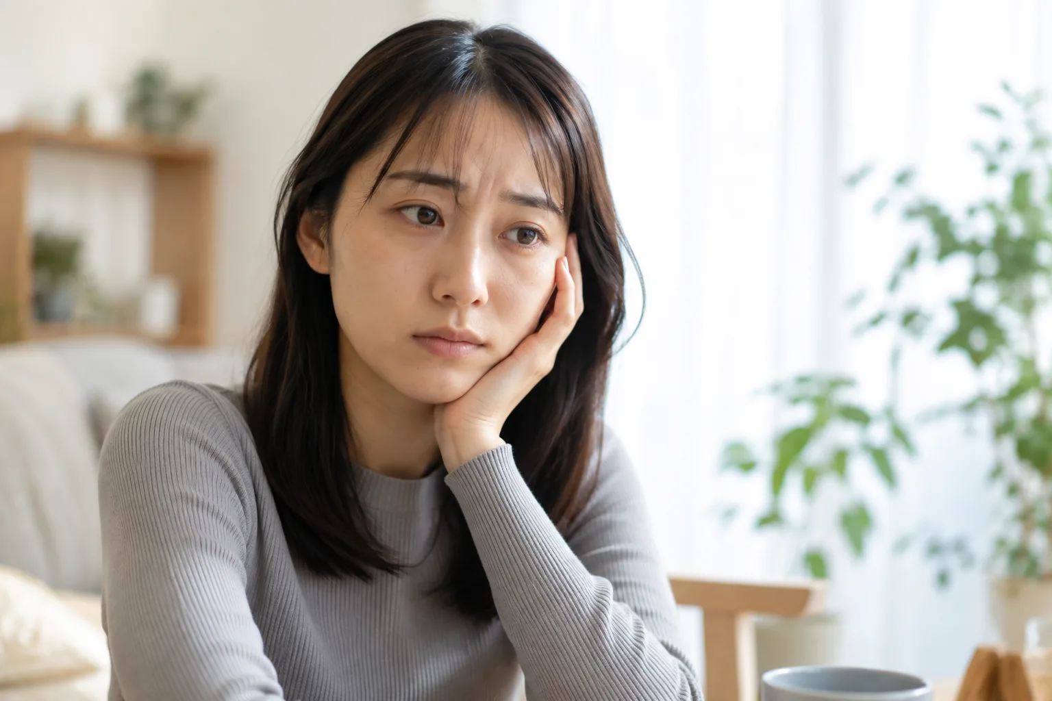 リビングのソファに頬杖をついて座り、考え込むような疲れた表情を見せる女性